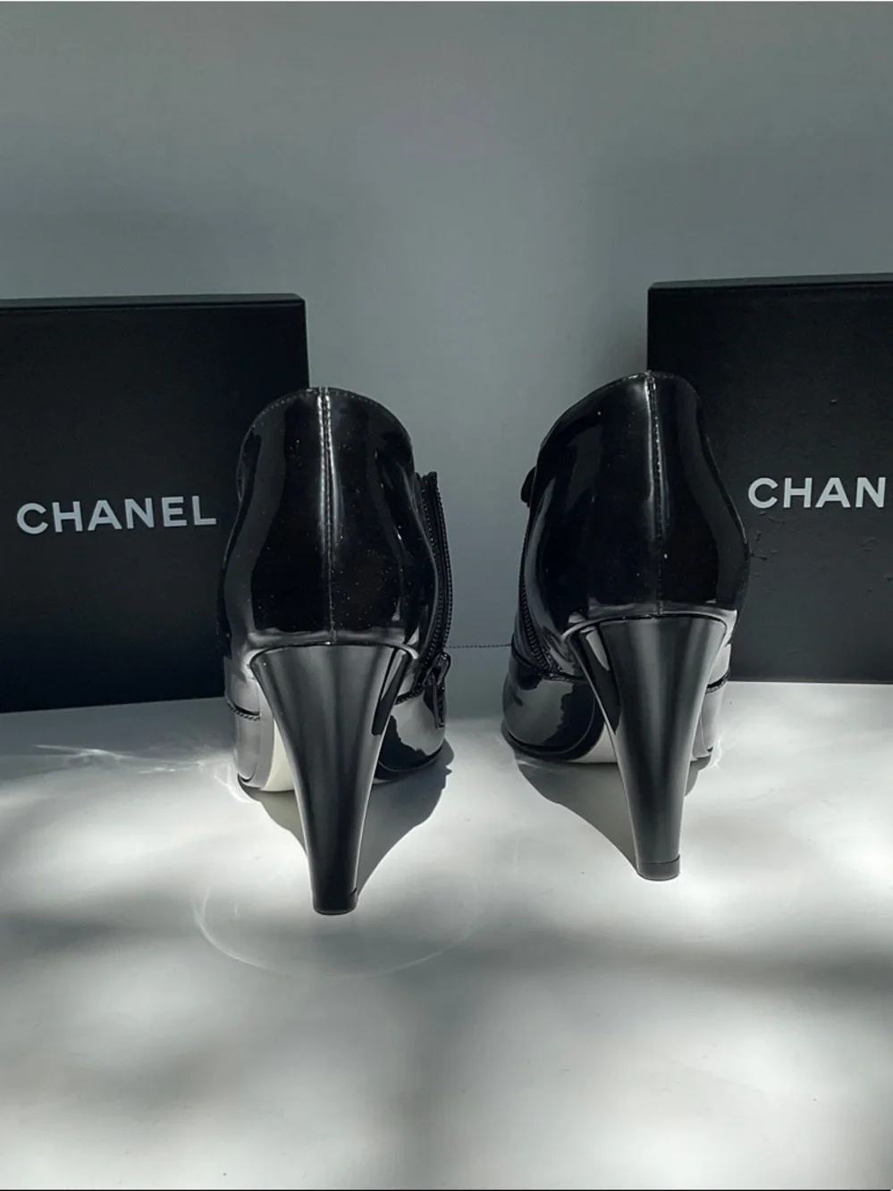 CHANEL Black Patent Leather Ankle Boots with Multicolor Tweed Shaft
